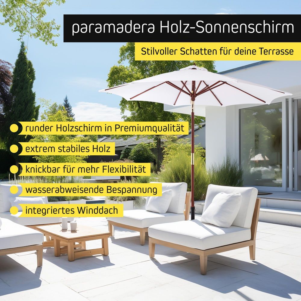 Sonnenschirm Holz 3m rund Garten knickbar UV-Schutz wasserabweisend weiß paramondo paramadera
