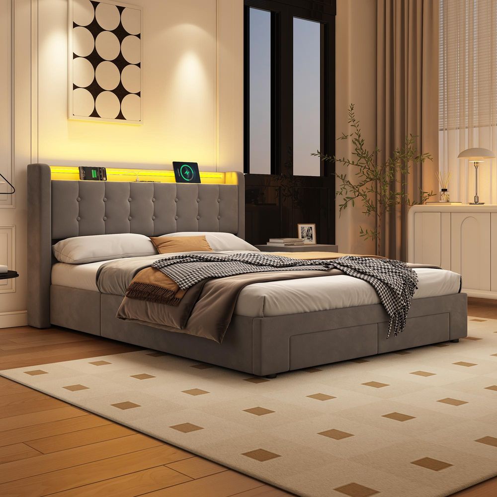 Polsterbett 140x200 cm mit USB und LED-Licht in Grau