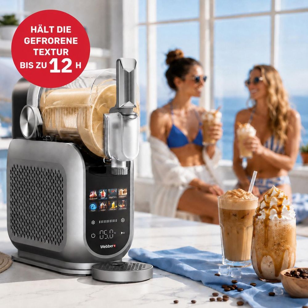 WEBBER PRO mit 220 Watt, 1,8-Liter-Behälter und 8 Programmen für Slush, Granita und Softeis.