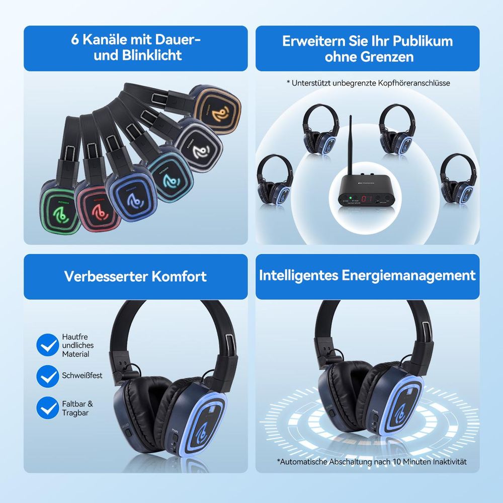 Retekess TA004S Silent Disco Kabelloser Kopfhörer, Audiosystem Verbesserte Version, 6-Kanal mit Bluetooth, faltbar, für Fernseher, Yoga, Meditation