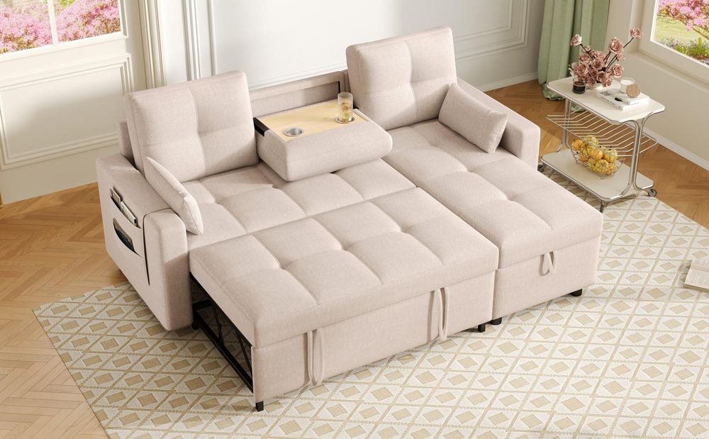 Merax Ecksofa, L-Form Couch Schlafsofa mit Schlaffunktion, Bettkasten, Kissen, Seitentaschen, herunterziehbarem Getränkehalter, Linen Bettsofa, Beige