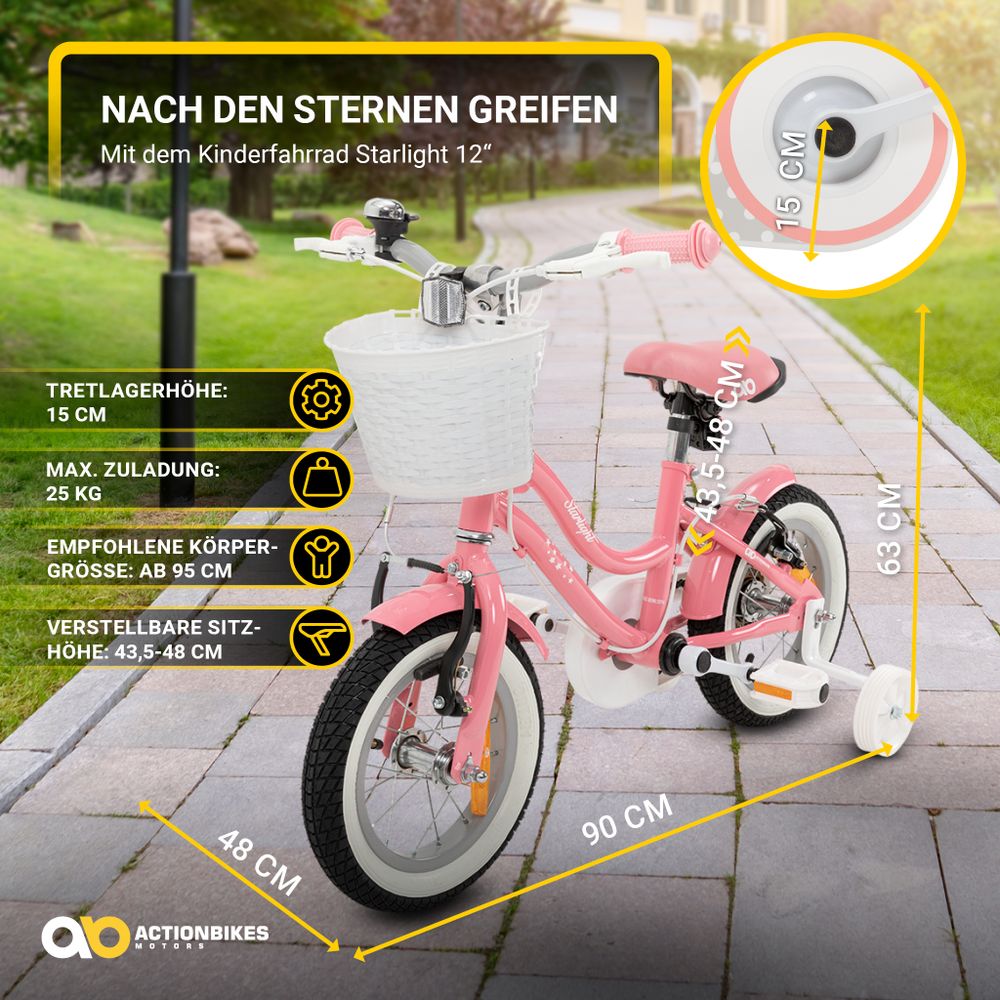 Actionbikes Kinderfahrrad Starlight 12 Zoll | Kinder Fahrrad - V-Brake Bremsen - Kettenschutz - Fahrradständer - 2-5 Jahre (Rosa)