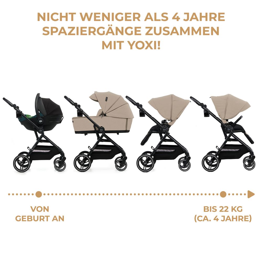 Kinderkraft YOXI 2-in-1 Kinderwagen bis 27 kg - Babywanne & Sportaufsatz - leicht - pannensichere Räder - TRAVEL SYSTEM - Beige