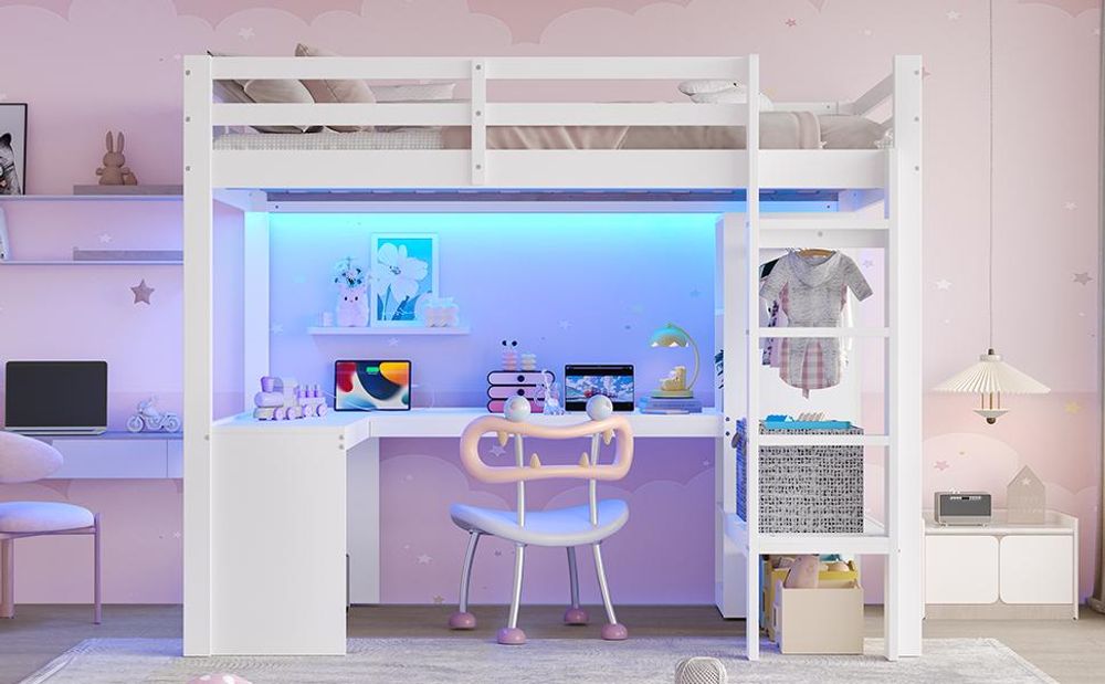 Merax Etagenbett Hochbett 140x200 cm, mit Regalen, Schreibtisch, LED-Licht und USB, Hängebereich, Stockbett aus Holz, Kinderbett, Jugendbett, Weiß