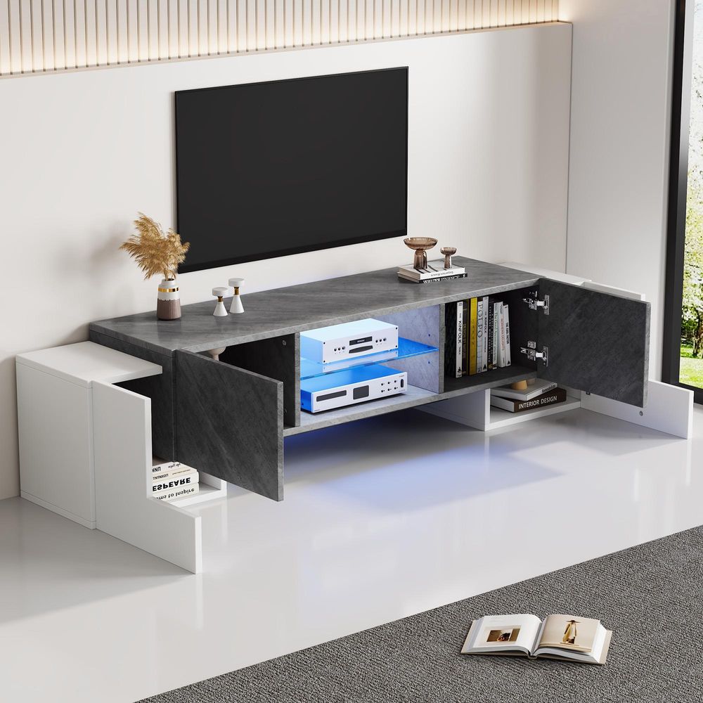 Merax TV-Schrank 180x40x46,5 cm mit Glasregal, Weiß & Grau Lowboard für 60-70 Zoll Fernseher, 4 Türen, Stauraum, Wohnzimmermöbel