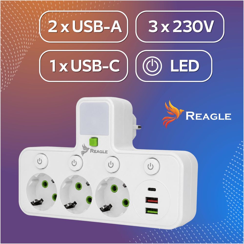 Verlängerungskabel, Steckdosenleiste, Verteiler Mit 3 Steckdosen (230 V) Und 3X Usb-Anschlüssen, Led-Lampe Reagle