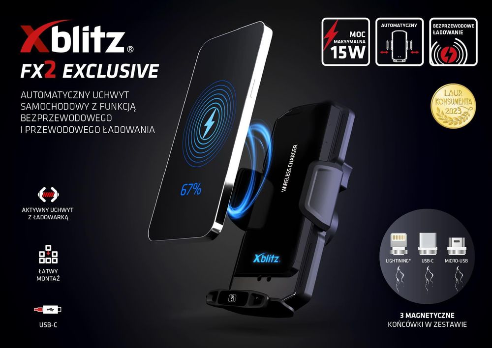 Xblitz FX2 Exclusive – uchwyt samochodowy z ładowaniem bezprzewodowym 15 W