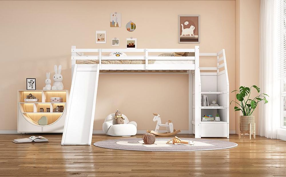 Merax Etagenbett Kinderbett 90x200cm, mit Rutsche, Ablageleiter, Lattenrost, Kiefer Massivholz, Hochbett, Stockbett, Jugendbett, Weiß