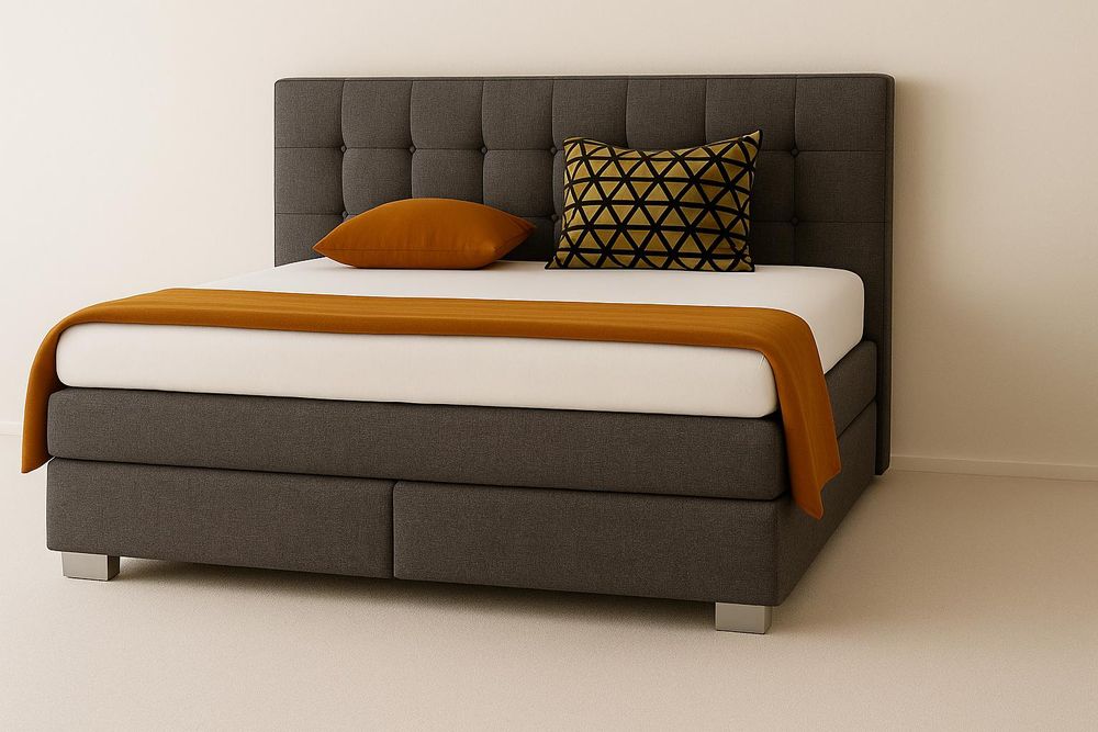 Boxspringbett VERONA 140 x 200 cm mit zwei 7-Zonen-Taschenfederkernmatratzen und gepolstertem Kopfteil. Farbe Dunkelgrau