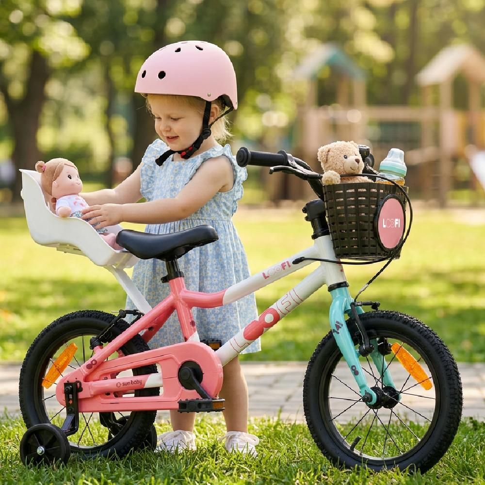 SUN BABY LOOFI Kinderfahrrad 14 Zoll, leichtes Aluminium Fahrrad 6,6 kg für Kinder ab 3 Jahre, mit Stützrädern, Korb, Klingel, mit Puppensitz, Mädchen