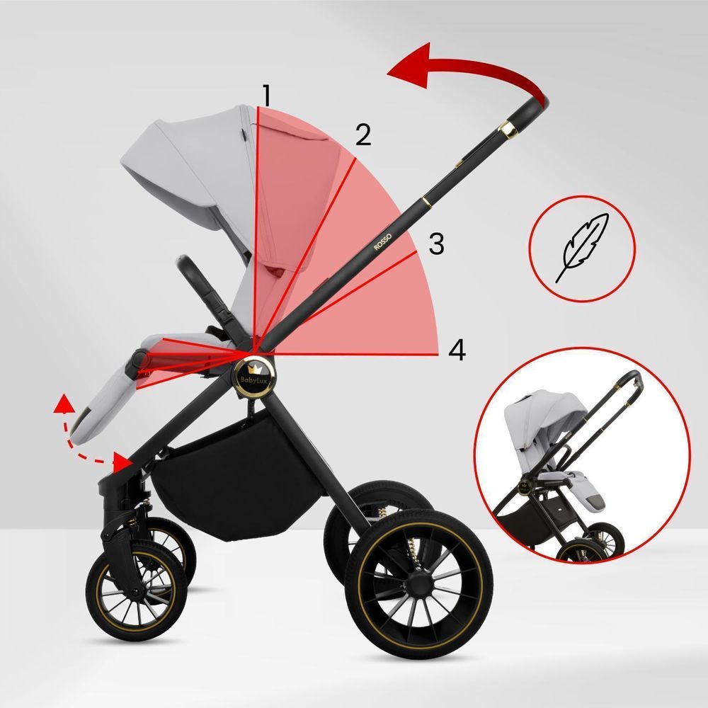 BabyLux® Kombinovaný Kočík 3v1 ROSSO, béžová, Skladací, Lahký, Vrátane Vaničky, Sedadla, Autosedačka, Prebaľovacej Tašky a Dalšieho Príslušenstva