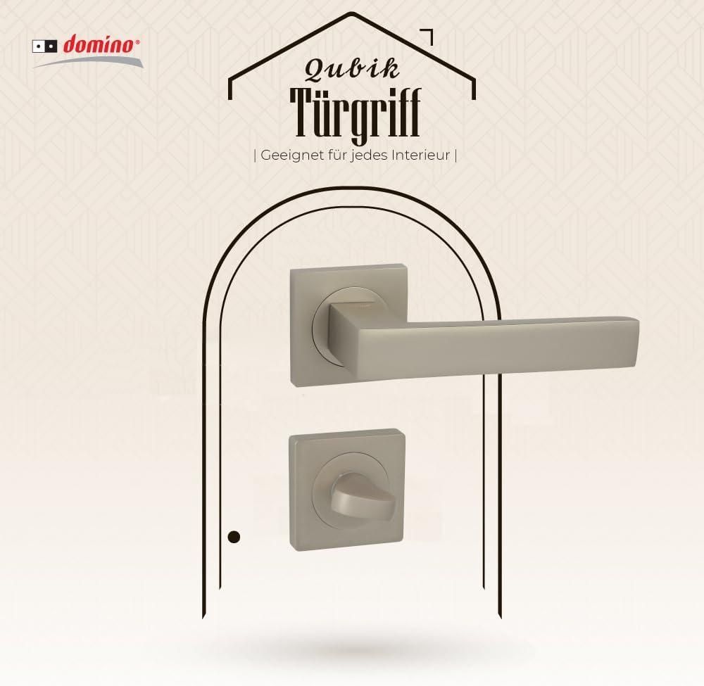 DOMINO Türgriff Drückergarnitur WC - Badezimmer Set | mit quadratischen Rosetten | für Badezimmertüren | Set WC - Rosetten-Garnitur | Türbeschläge aus Aluminium | Satin Nickel Velvet Türdrückergarnitur| QUBIK-QR M91