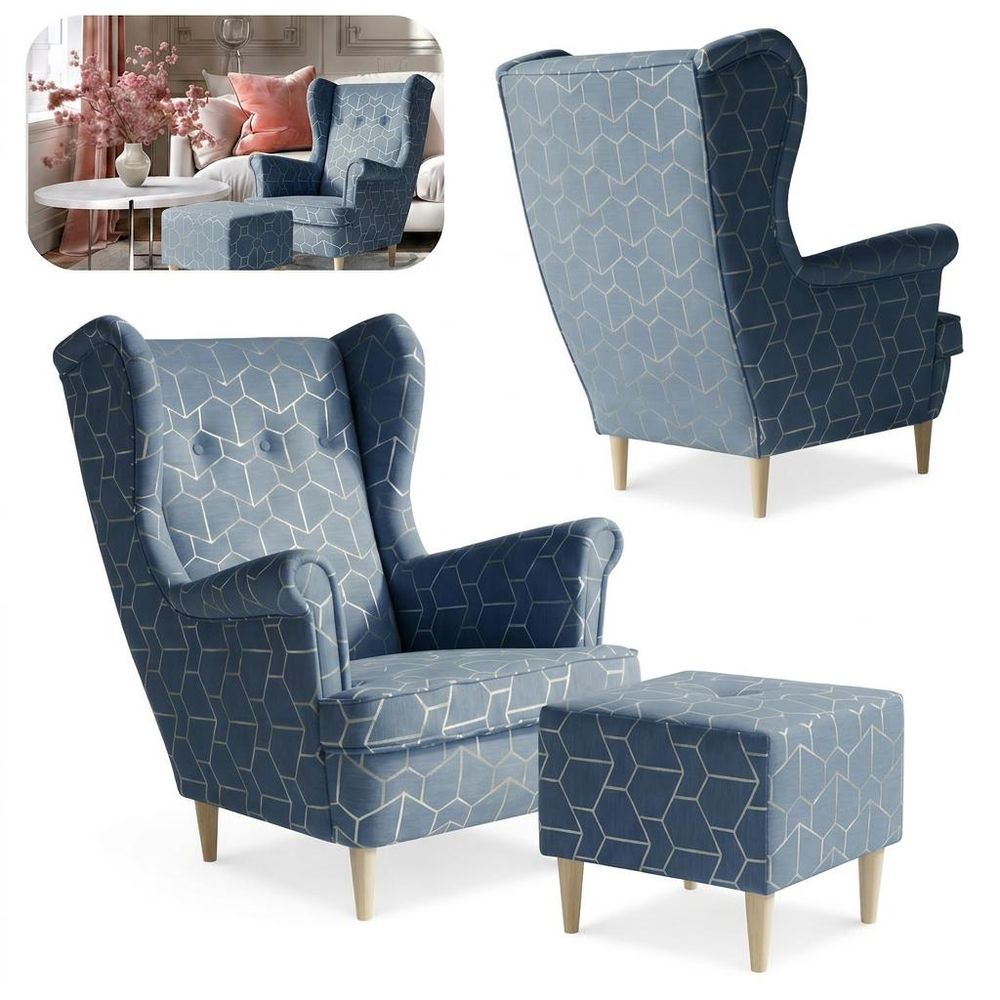 Ohrensessel mit Hocker ARI Design – skandinavisches Set, Velours-Print Blau, Family Meble