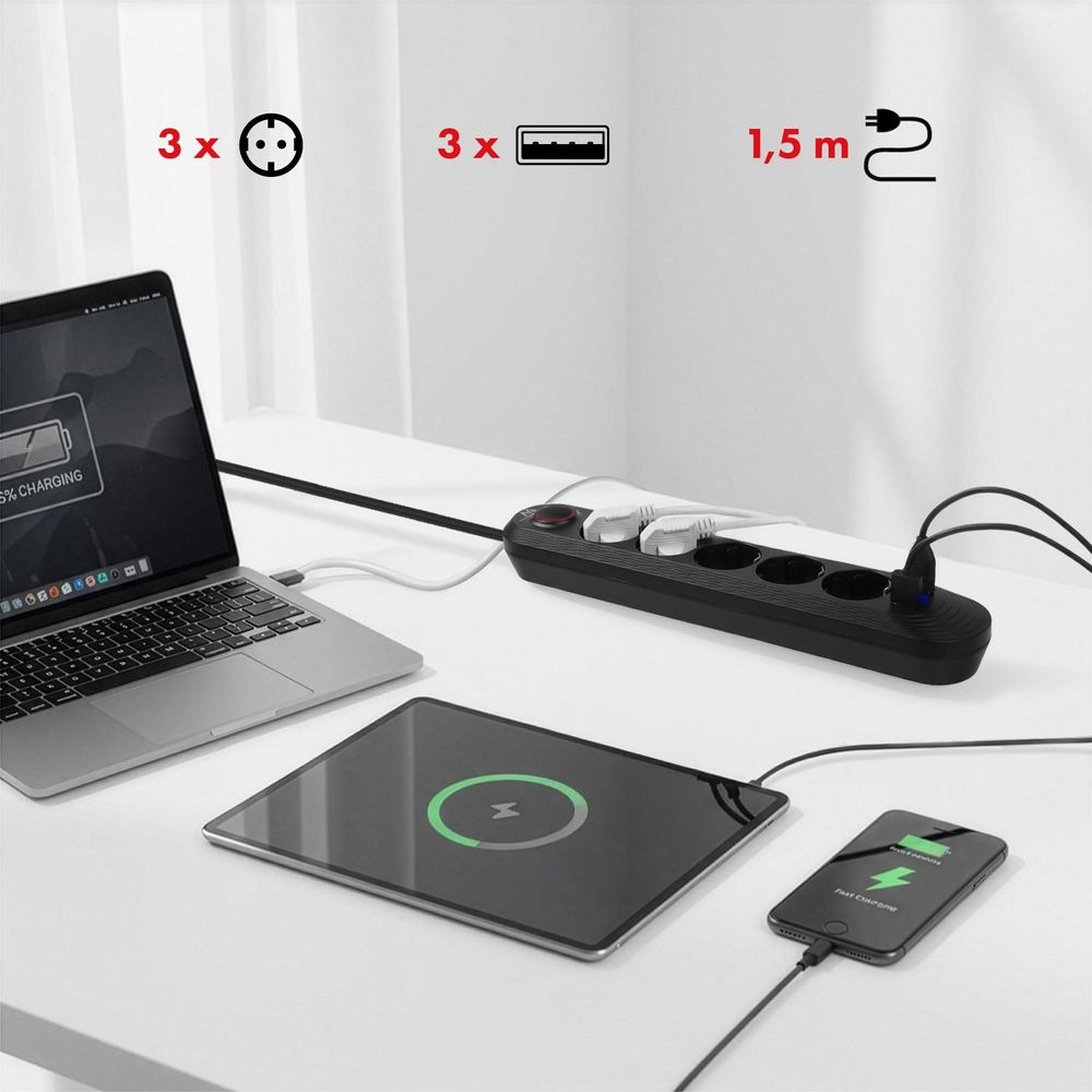 Maclean Steckdosenleiste 5 Steckdosen-Verlängerungskabel + 3xUSB 110-240V AC 50/60Hz 2,1A max 2500W 1,5m schwarz MCE395 B