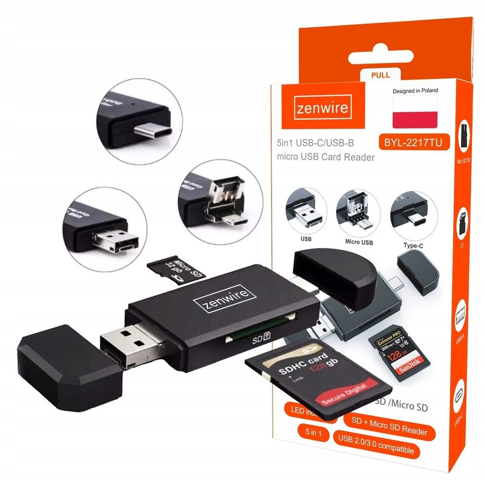 SD Kartenleser - 5-in-1 - USB 3.0 - USB-C - Micro USB - OTG - SD and microSD TF - Plug and Play - Schwarz