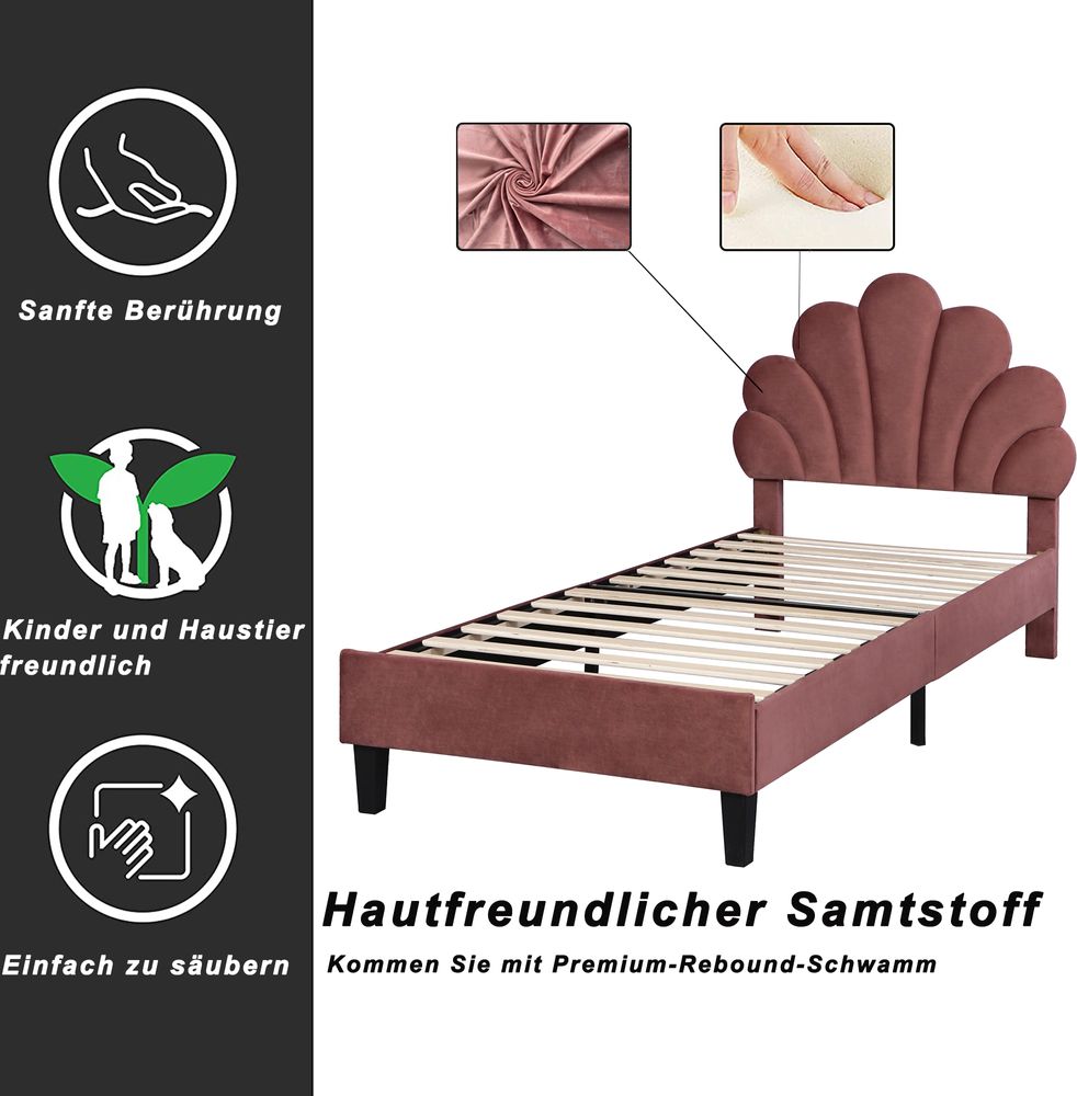 Flieks Polsterbett 90x200cm Samt mit Blumenform-Kopfteil und Lattenrost Einzelbett Kinderbett für Damen Kinder Jugend