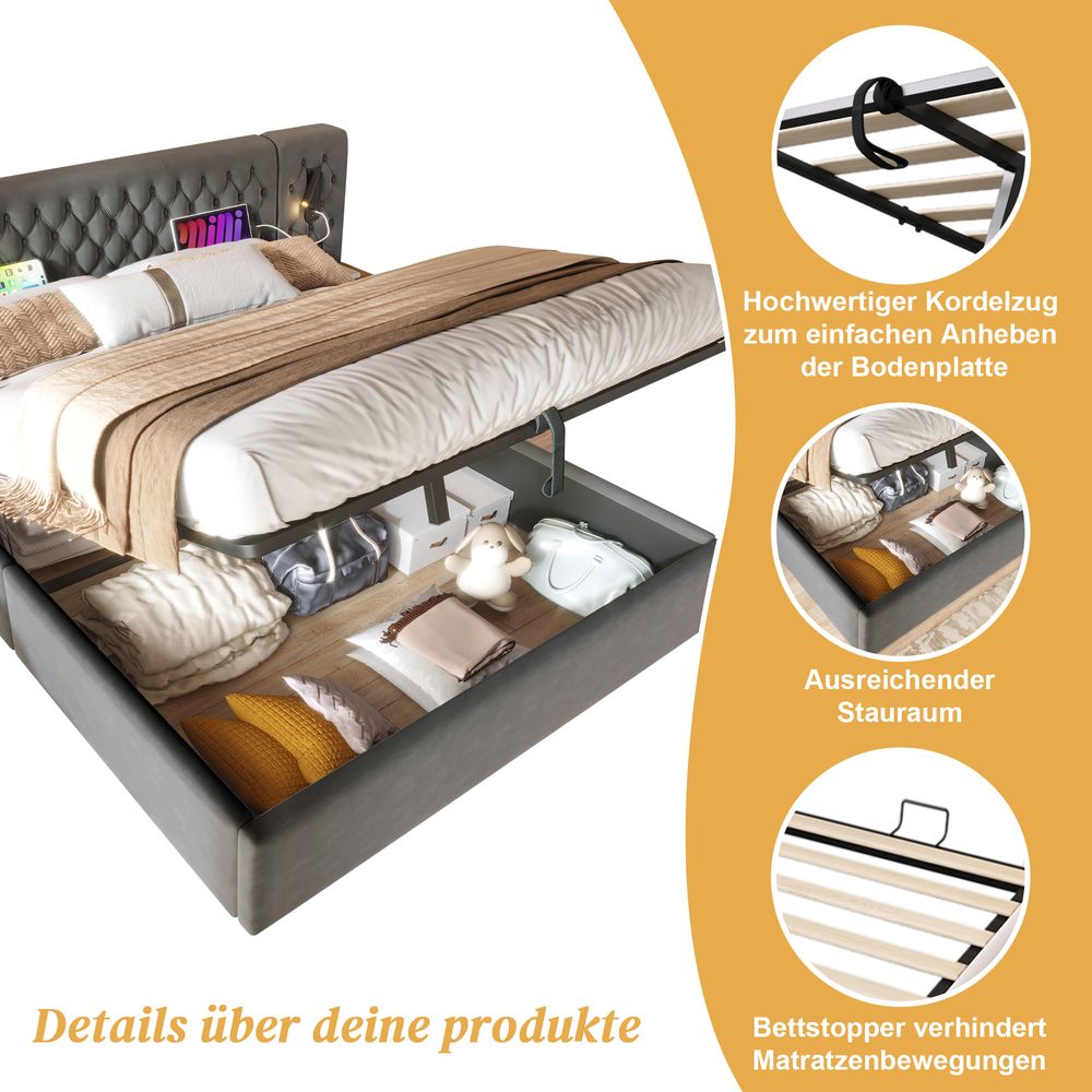 MODFU Boxspringbett Hydraulisches Komplett Set 160 x 200 cm mit 2 Nachttischen und 4 Schubladen, Polsterbett Doppelbett Stauraumbett-Kopfteil Leselicht mit USB Ladefunktion(Ohne Matratze),Grau