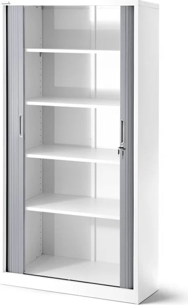 Rollladenschrank T001 Jalousieschrank Aktenschrank Büroschrank 4 Fachböden Rolltür abschließbar 185 cm x 90 cm x 45 cm Farbe: Weiß-grau