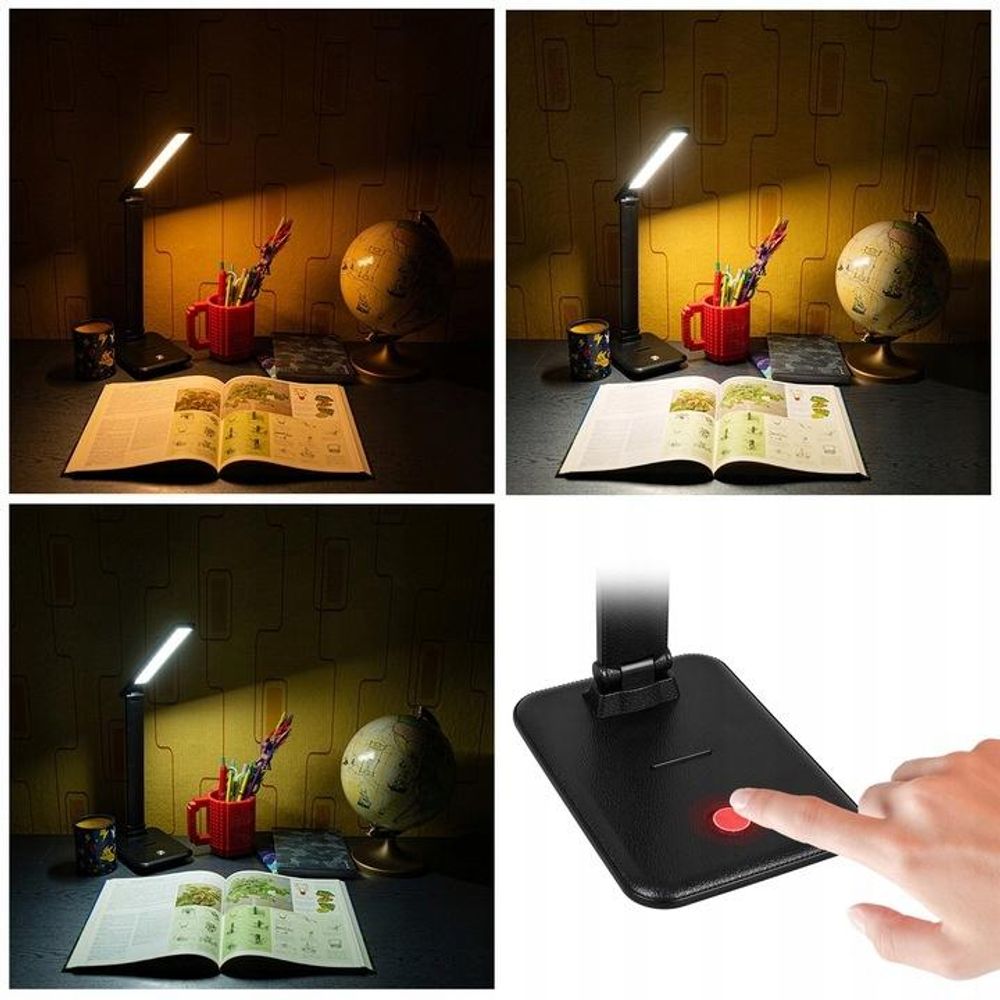 Weiß LED-Tischlampe mit Touchschalter auf Kindertisch, daneben Zeichnung und Buntstifte.