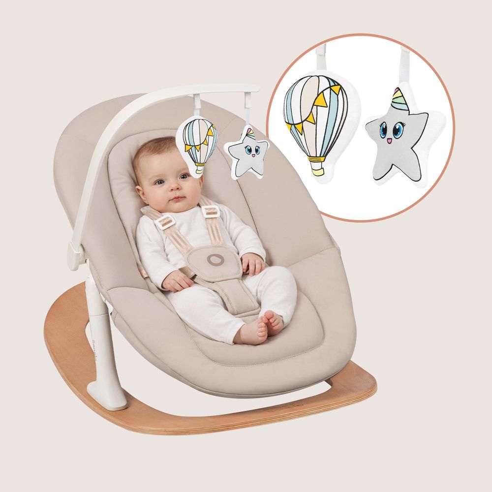 Lionelo Babywippe Celia Rocker mit Verstellbarer Rückenlehne, ab Geburt bis 9 kg, 5 Punkt Gurt und Spielbogen mit Kissen Wood Natural