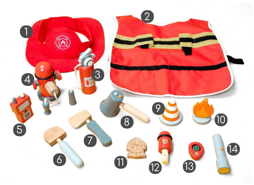 Alle 14 Teile des UMU Feuerwehrmann-Spielsets mit Nummerierung