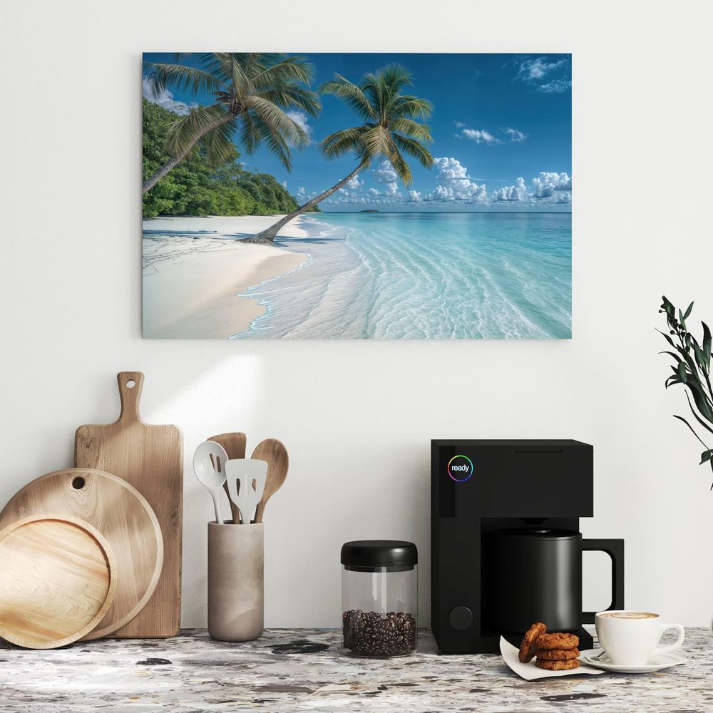 Metall-Magnettafel Zwei Palmen am Meer über einer Küchenarbeitsplatte