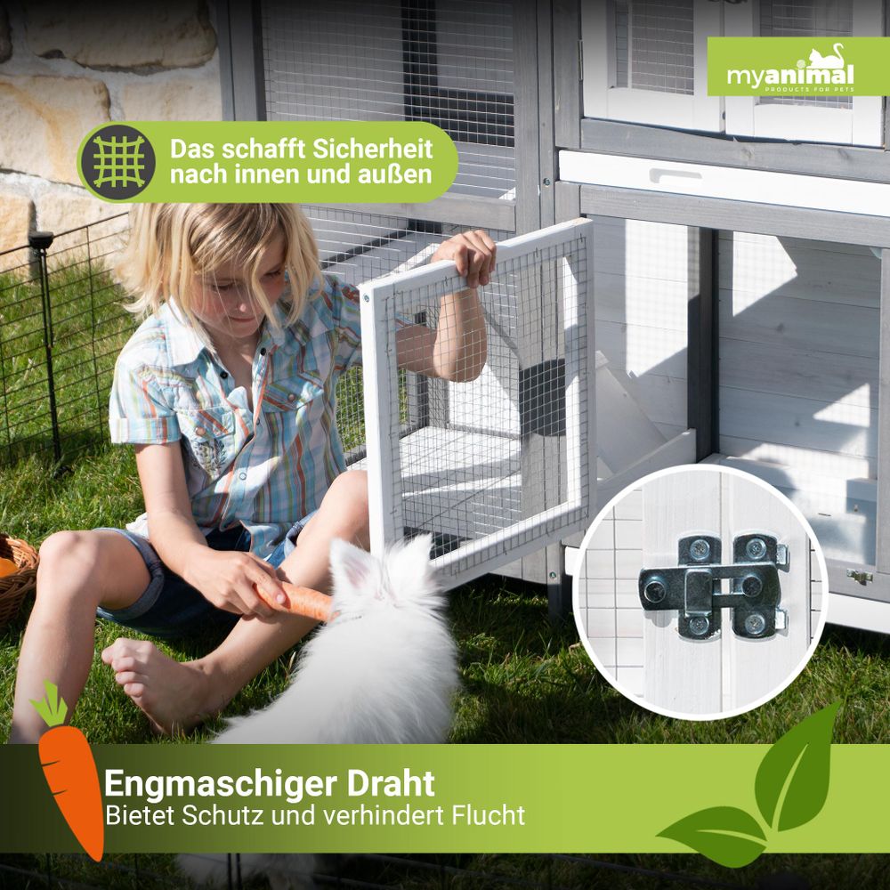 MyAnimal Hasenstall MH-02 | Hasenkäfig Zweistöckig - Kaninchenstall - 4 Türen - Kleintier Stall - Kaninchen - Hasen - Dach zum Öffnen (Grau/Weiß)