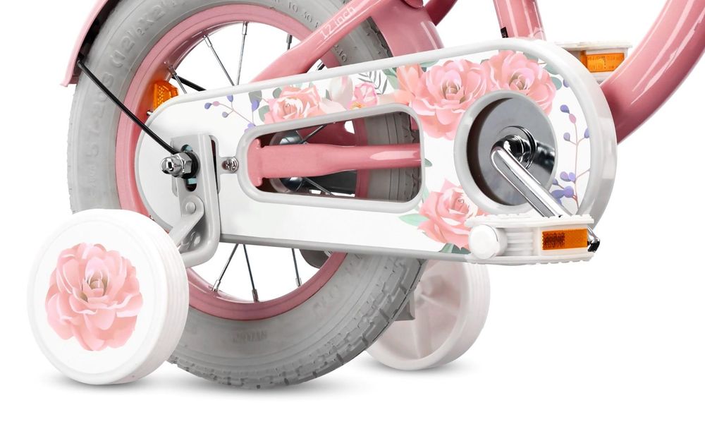 Detailansicht Stützräder und Kettenkasten mit Blumenmotiv