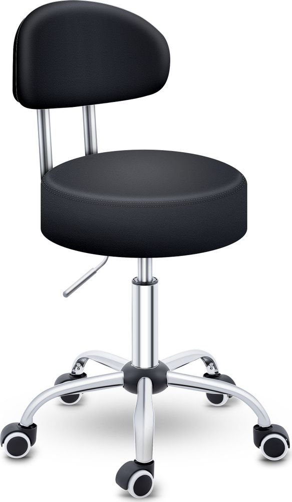 TRESKO® Rollhocker mit Lehne 150 kg Schwarz | Arbeitshocker höhenverstellbar 46-58 cm | Drehhocker mit Rollen | Bürostuhl Hocker Drehstuhl Kosmetikhocker
