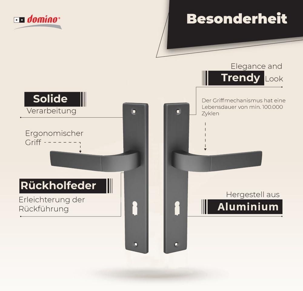DOMINO Türgriff 72 Drückergarnitur BB-Buntbart Set | Langschildgarnitur | Türklinke für Zimmertür, Bürotür, Kellertür & Innentür | L-Form | Türbeschläge aus Aluminiuml | Titan Türdrückergarnitur |  FOKUS M8