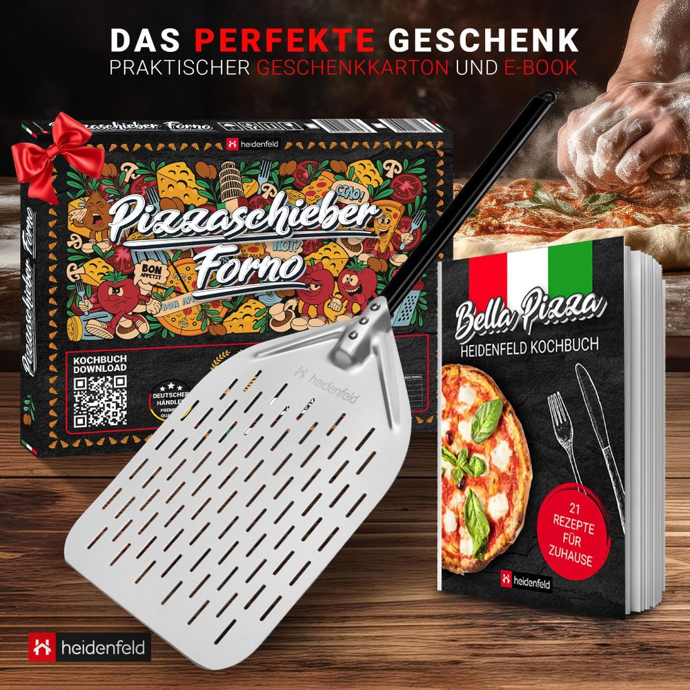 Pizzaschieber Forno 13 Zoll | Pizza Schaufel - Ofen - Back Zubehör - Pizzaschaufel - inkl. Rezepte - Edelstahl - Rostfrei - Verbrennungsschutz