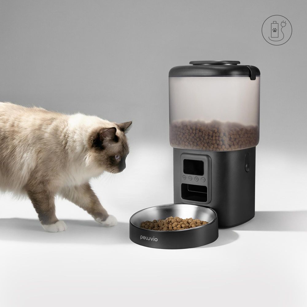 Automatischer Katzenfutterspender Peluvio Crispy 4,5 l – 4 Mahlzeiten, LCD, Edelstahlnapf, Batteriebetrieb - Schwarz