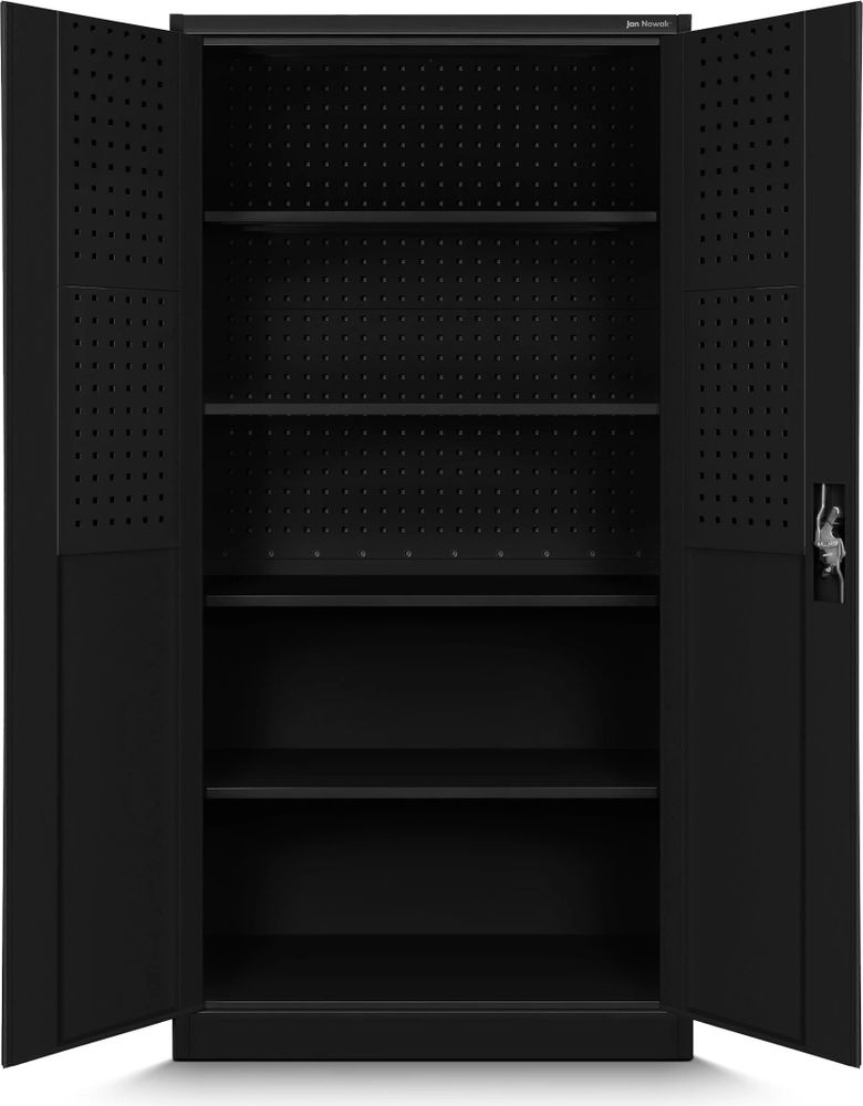 Jan Nowak Werkzeugschrank TC01A Werkstattschrank Garagenschrank Universalschrank Lagerschrank Pulverbeschichtet Flügeltüren Stahlblech 180 cm x 90 cm x 50 cm (Schwarz)