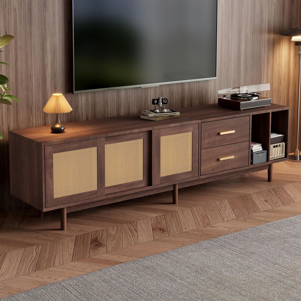 Merax TV-Schrank 190 cm für 75-Zoll Fernseher, Lowboard mit Rattantüren, 2 Schubladen, 6 Beine, viel Stauraum, Wohnzimmer, Braun