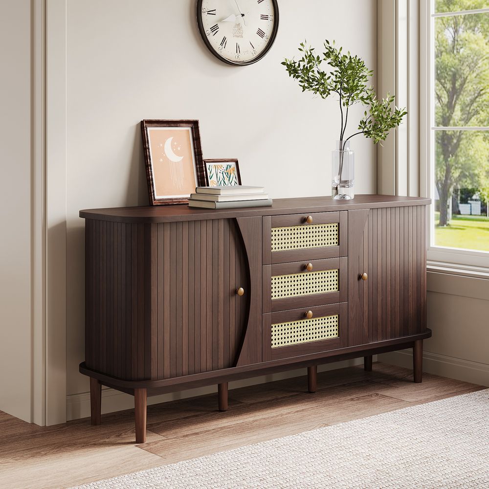 MODFU Kommode Sideboard mit 3 Schubladen und 2 Schiebetüren, Schrank Buffet Rattanschrank für Wohnzimmer, Schlafzimmer, Kinderzimmer, Jugendzimmer und Büro, Holzfarbe