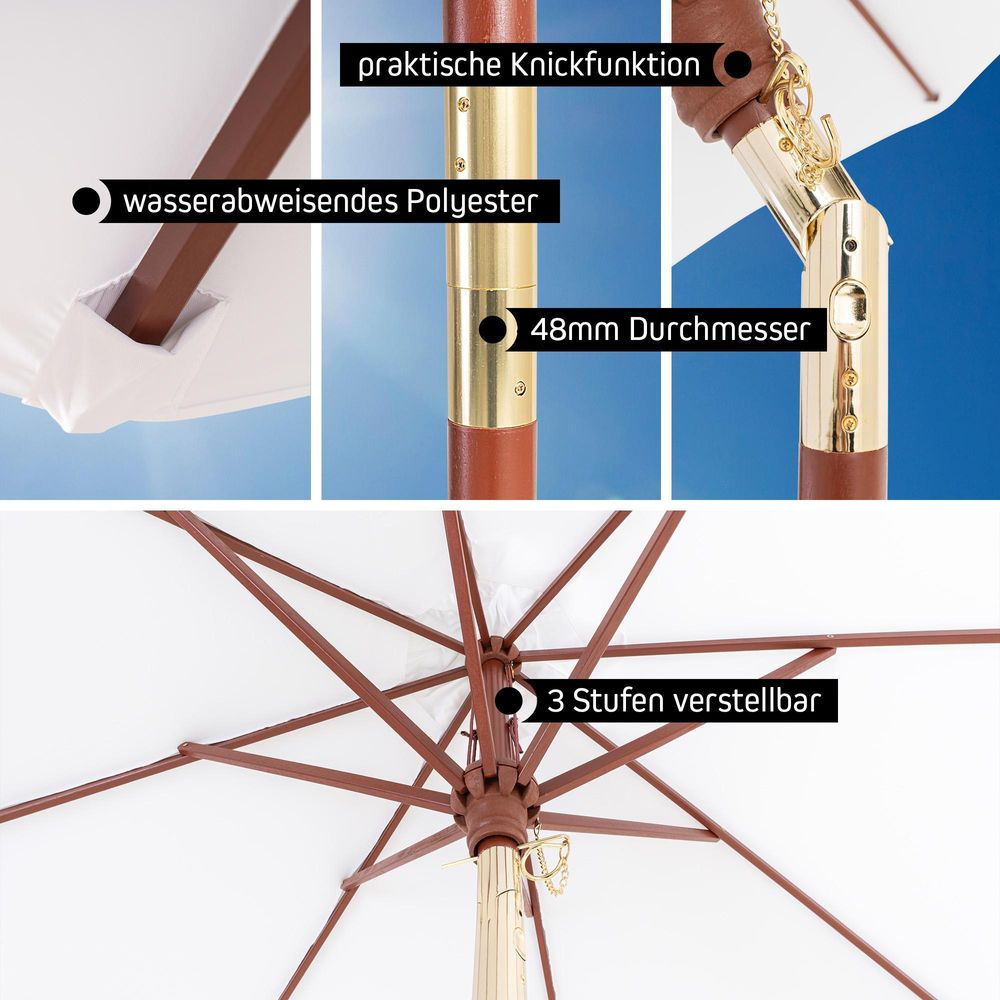 Sonnenschirm Holz 3m rund Garten knickbar UV-Schutz wasserabweisend weiß paramondo paramadera