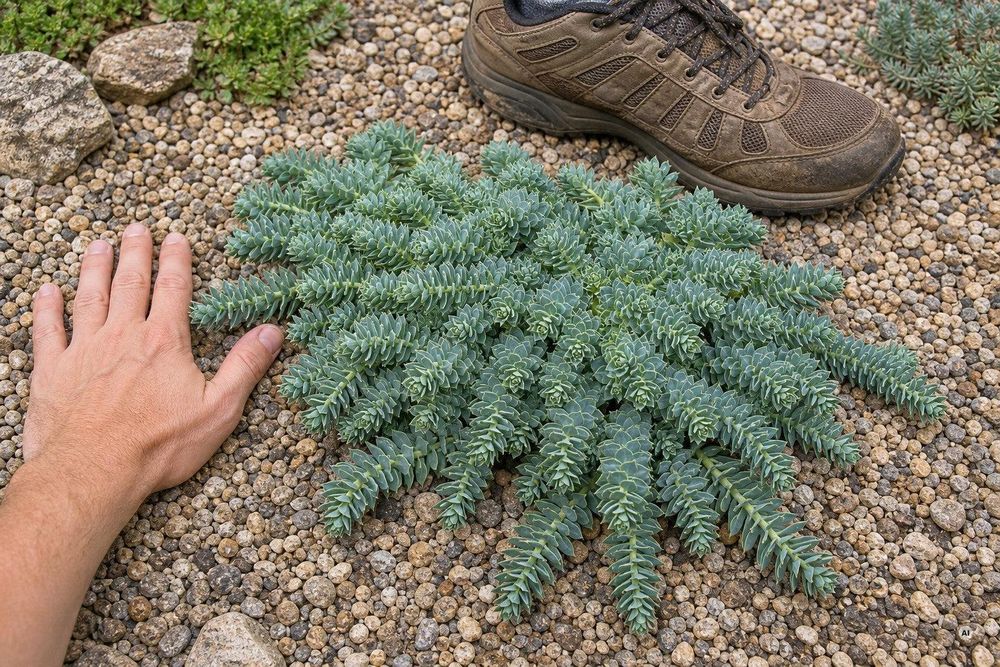 Polster neben Handspanne/Gartenschuh als ehrlicher Maßstab.