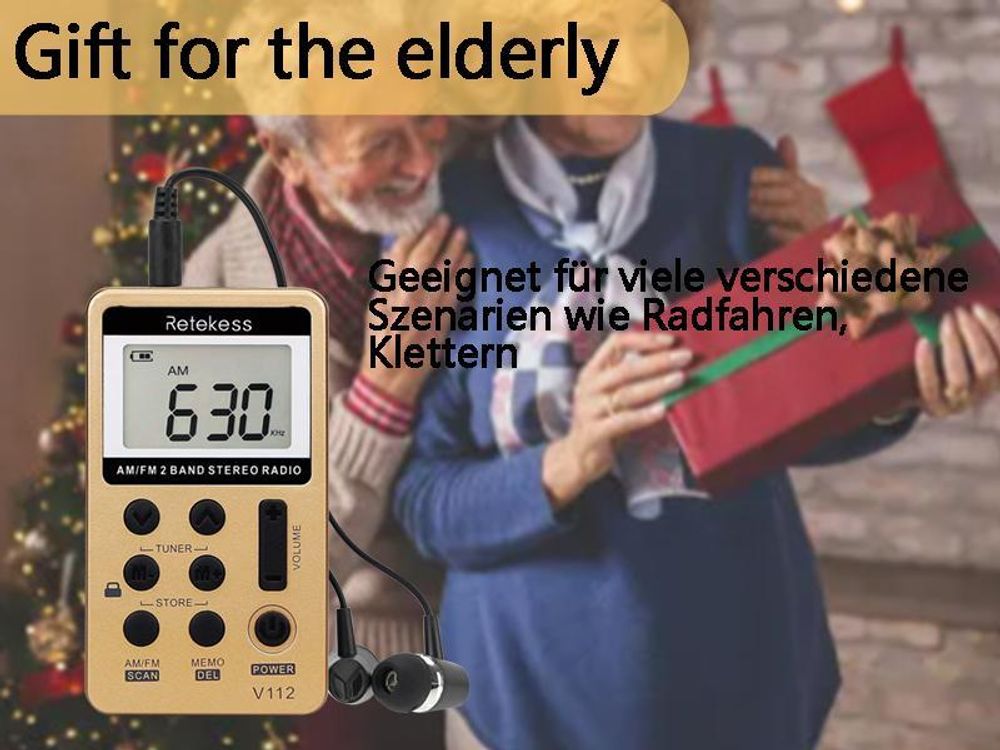 Retekess V112 Tragbares Radio, AM FM mini Radio, Speicherstationen, Wiederaufladbarer Akku, Taschenradio mit Kopfhörern(Golden)