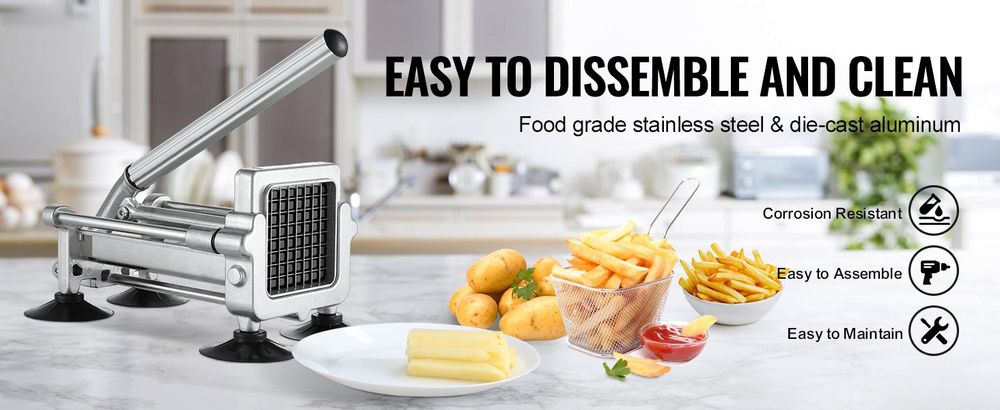 VEVOR Pommes Frites Schneider, Kartoffelschneider mit 1/2-Zoll und 3/8-Zoll Edelstahlklingen, manueller Kartoffelschneider mit Saugnäpfen, ideal für Kartoffeln, Pommes Frites, Gurken, Gemüse, Karotten, Edelstahl-a, 1/2 Zoll + 3/8 Zoll + 1/4 Zoll-a