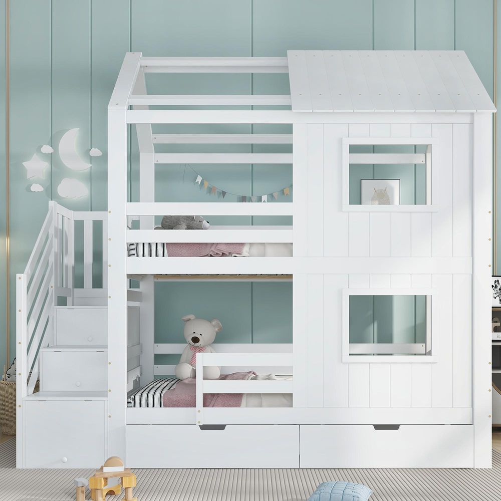 Flieks Etagenbett 90x200cm mit 2 Schubladen, Kinderbett Hausbett mit Fenster und Rausfallschutz, Hochbett Einzelbett 2 Kinder, Weiß