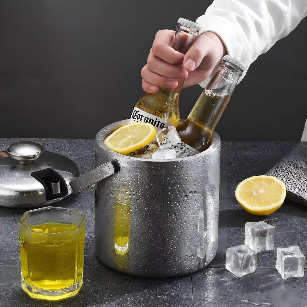 Eiseimer aus Edelstahl mit Deckel & Zange Eiswürfelbehälter Eisbehälter Serviereimer Doppelwandig 1.3 Liter Silber Retoo