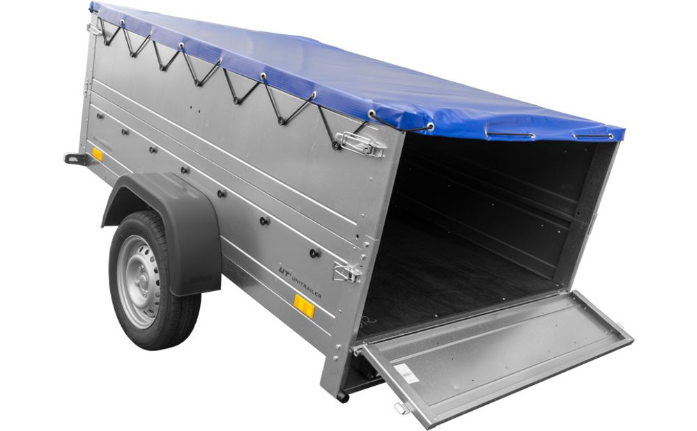 Kfz Anhänger 750 kg GARDEN TRAILER 201 KIPP mit zusätzlichen Bordwänden, Stützrad und blauer Flachplane