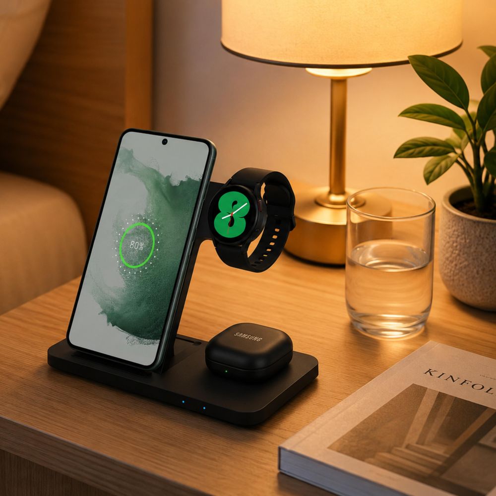 CHEROY 3 in 1  Ladestation - 15 W Qi Kabelloses Ladegerät - Für Samsung Smartphones, Galaxy Watch, Galaxy Buds - Schwarz