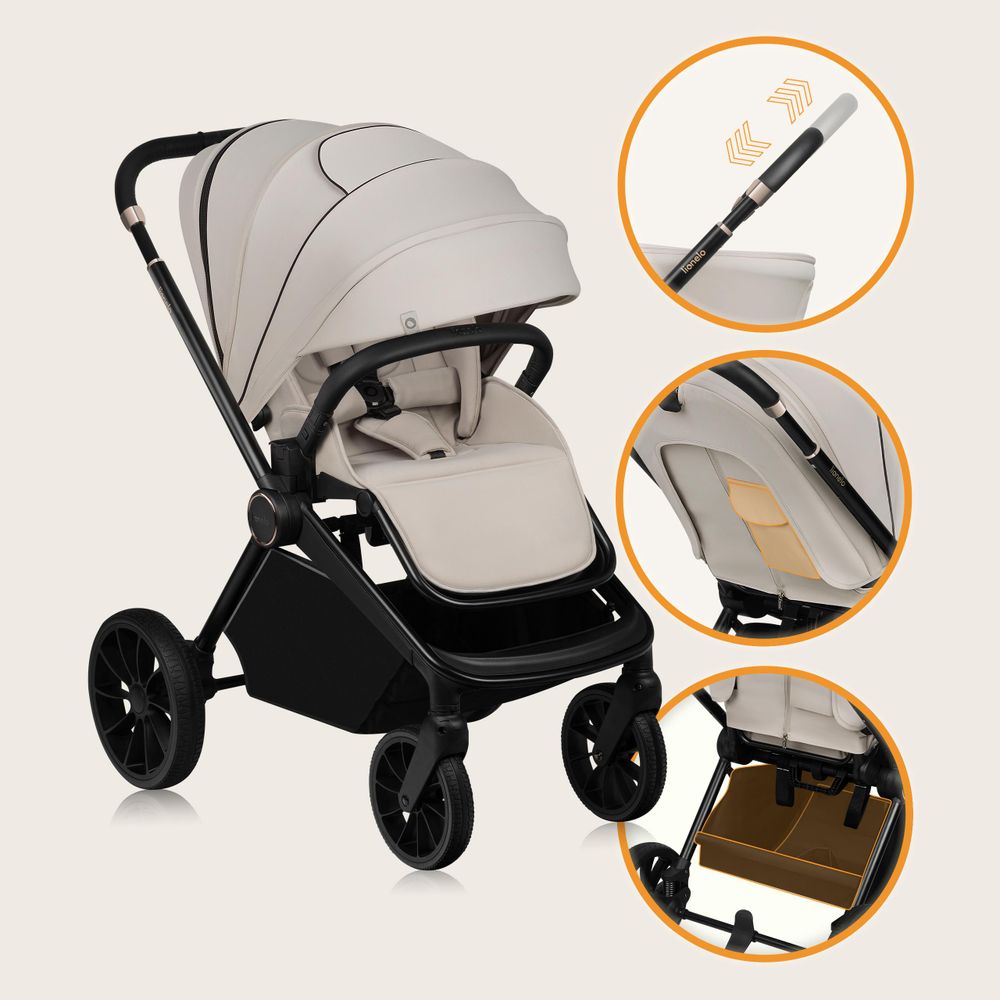 Lionelo Mika Plus Universal-Buggy bis zu 22kg Hohe Manövrierfähigkeit XXL-Verdeck mit UPF50+ Beige
