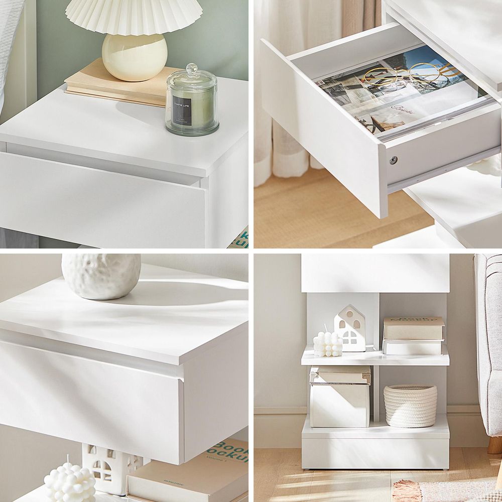 SoBuy Nachttisch schmal, Nachtschrank mit 1 Schublade und 2 Ablagen, Moderner Beistelltisch, Aufbewahrungsschrank Bedside Table B39xT39xH65 cm FBT49-W