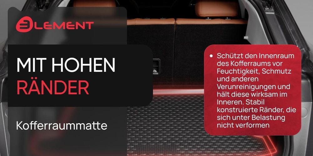 Passgenaue Kofferraumwanne schützt Boden und Seiten vor Verschmutzungen.