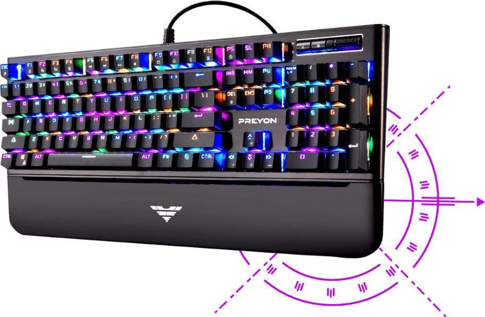 Klawiatura dla graczy PREYON Long Claw Brown Keyboard - Podpórka pod nadgarstki - 104 klawisze - Przełączniki Gateron Brown - Aluminiowa obudowa - Podświetlenie RGB - Tryb podświetlenia - Oprogramowanie - Port przelotowy USB