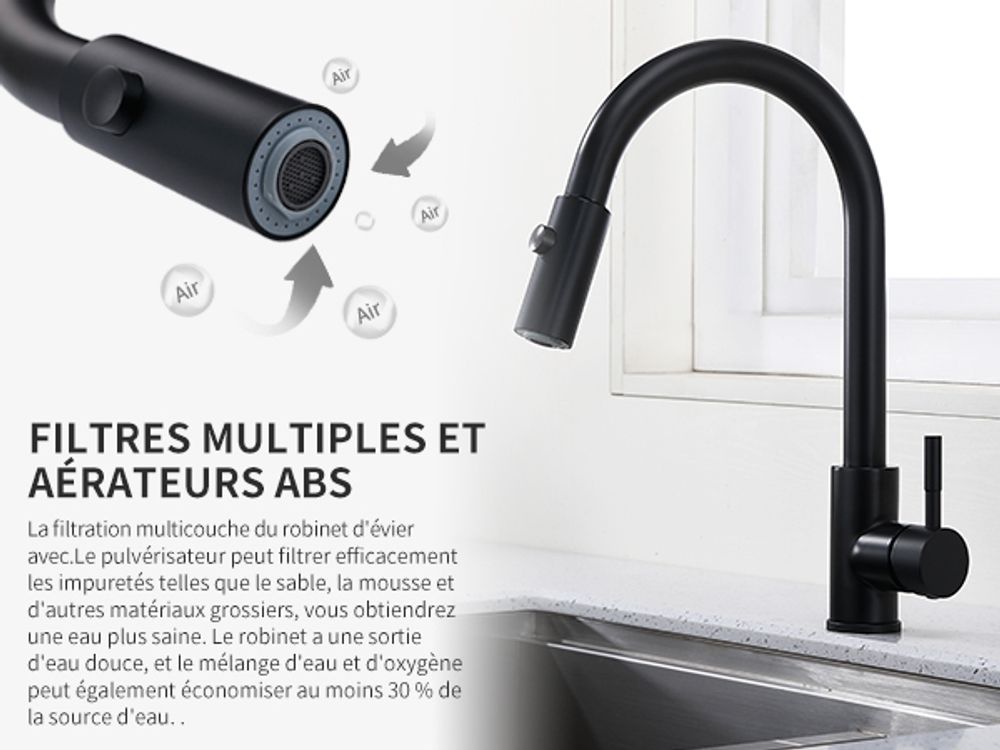 Wasserhahn Küche Schwarz Hochdruck Küchenarmatur Ausziehbar 360° Drehbar, Mischbatterie Küche Wasserhahn Ausziehbar mit 2 Modus, Armatur Küche Schwarz Wasserhahn Edelstahl Hochdruck, Schwarz
