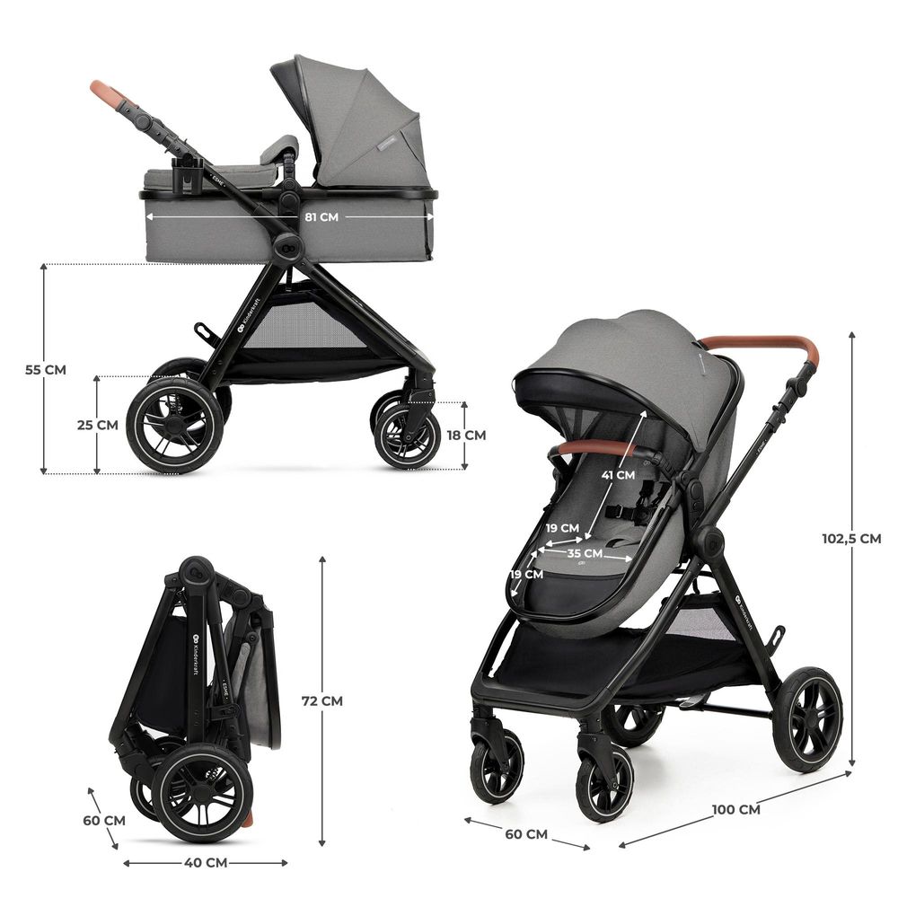 Kinderkraft ESME - multifunktionaler 3-in-1-Kinderwagen - bis 22 kg - Babywanne mit Belüftung - Travel System - große geländegängige Räder - Grau
