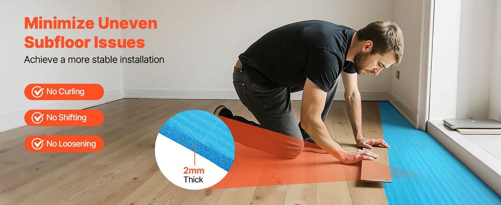 VEVOR Fußbodenunterlage 37,2 m², 3 mm Laminatbodenpolster mit angebrachter Dampfsperre, strapazierfähige Faser+PE-Folie, schalldämmend & geräuschreduzierend für Vinyl- & Holzböden (2 Rollen x 18,6 m²), 300 sq ft-2.0 mm-3 Volumes-EPE